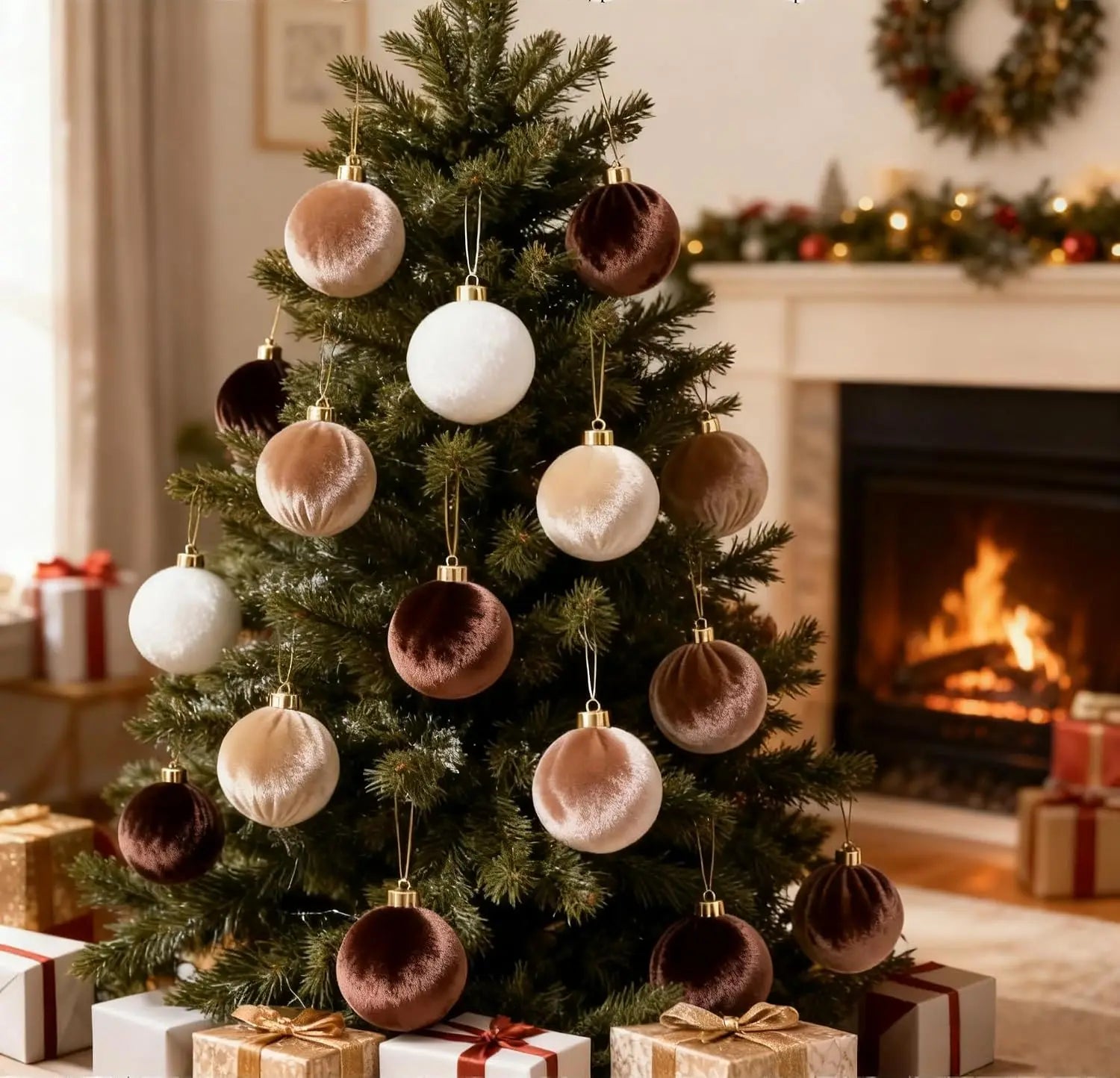 Flocked Fabric Christmas Ball Ornaments — 12-Piece Set for Holiday Decor