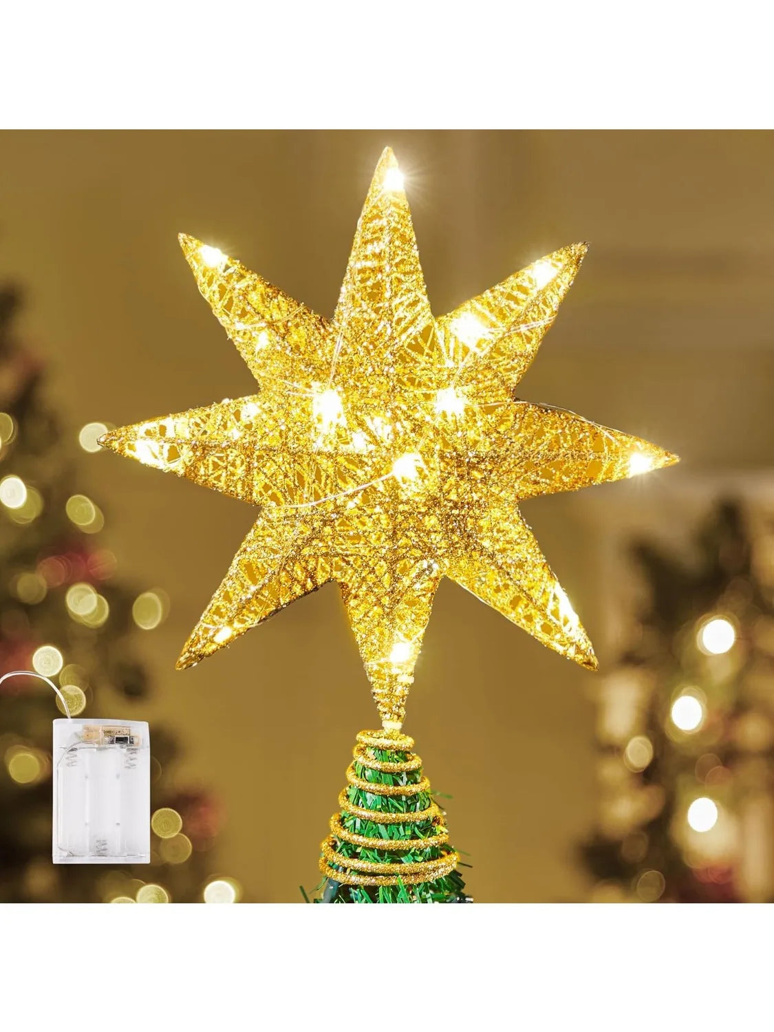 Golden 8-Point Star Christmas Tree Topper — LED Glitter Treetop Decor