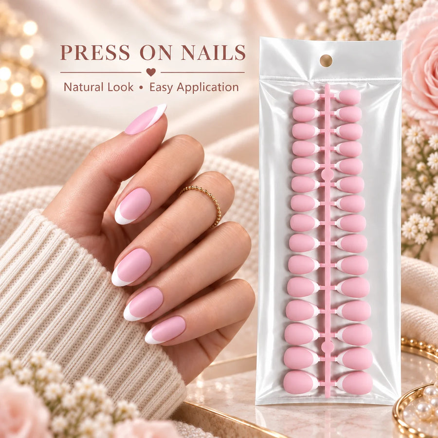 Pink and White French Tip Press On Nails — Elegant Short Almond Full Cover Set