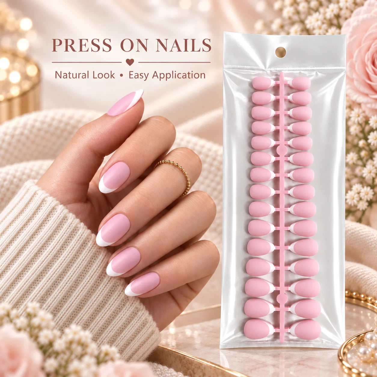 Pink and White French Tip Press On Nails — Elegant Short Almond Full Cover Set