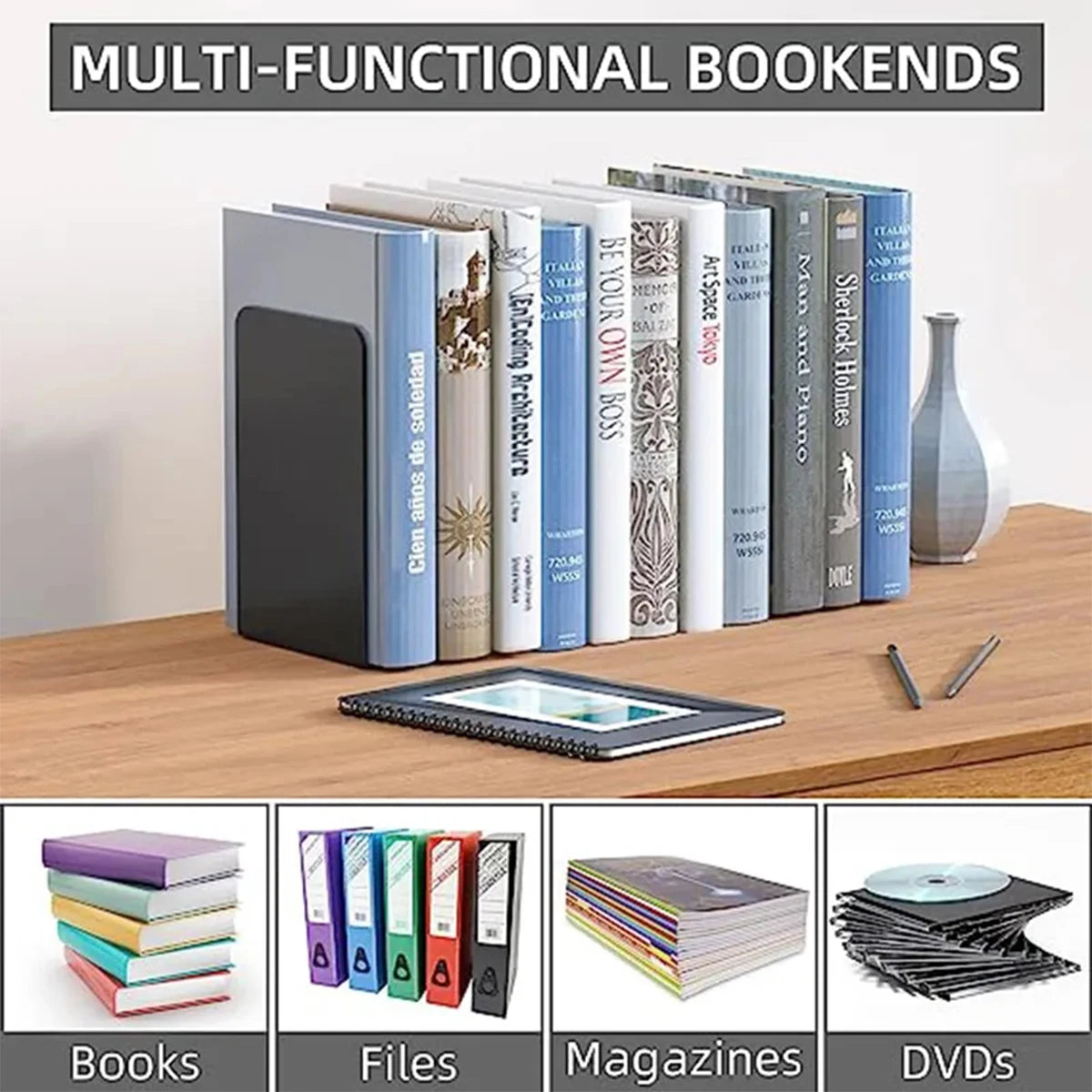 Heavy Duty Metal Bookends — Minimalist Desktop Organizer for Office & Home