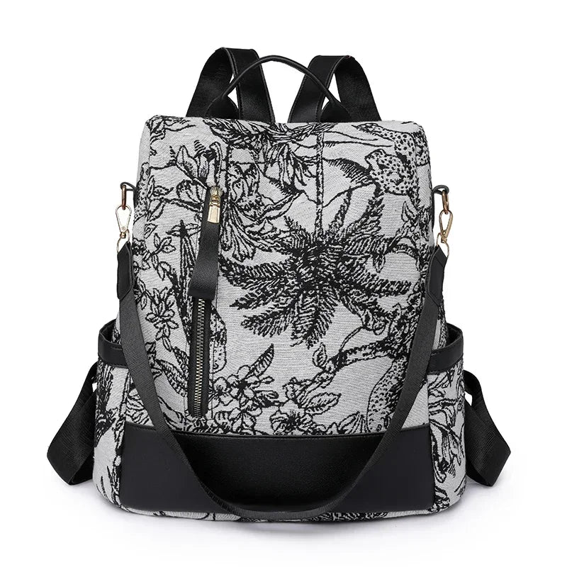 Floral Embroidered Nylon Backpack — Large Capacity Travel Rucksack