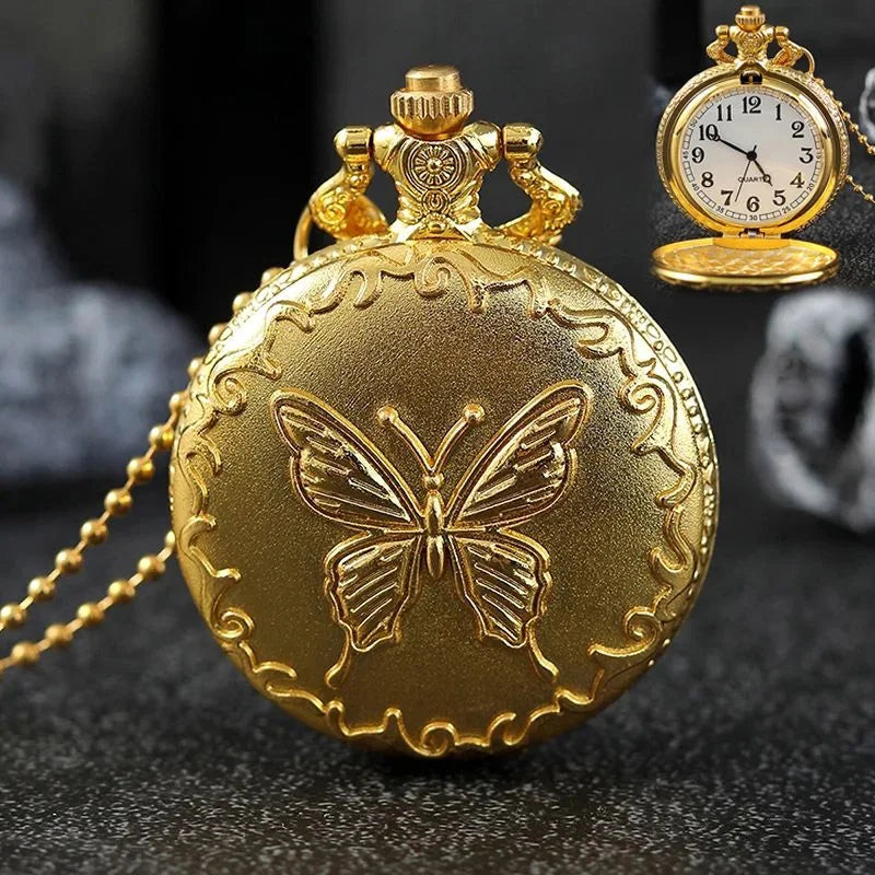 DEYROS Butterfly Carved Quartz Pocket Watch — Elegant Necklace Pendant with Fob Chain
