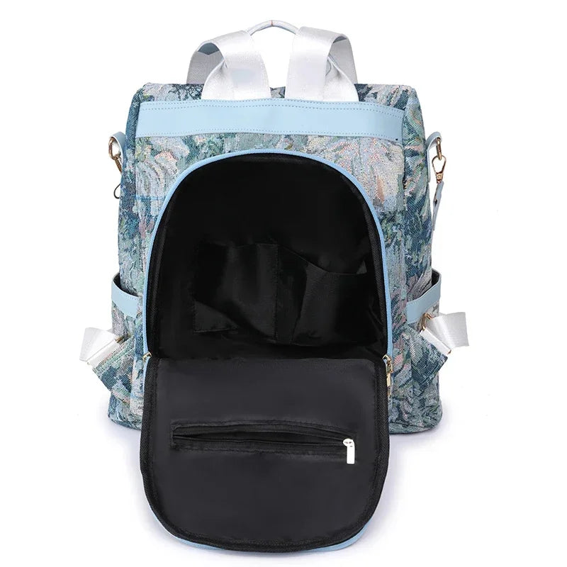 Floral Embroidered Nylon Backpack — Large Capacity Travel Rucksack