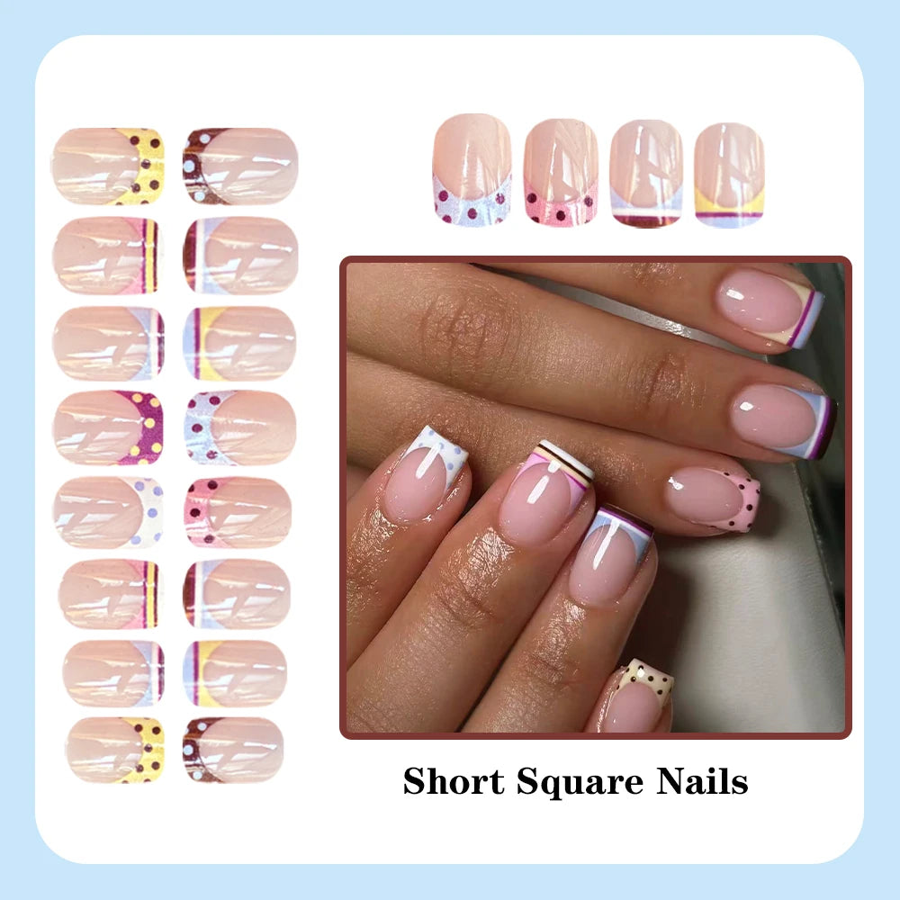 Nude French Press On Nails — Short Square Polka Dot & Stripe Set