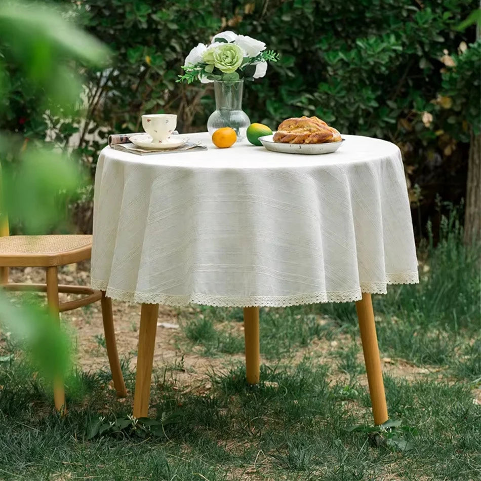 Linen Cotton Round Tablecloth — Vintage Ruffle Dining Table Cover