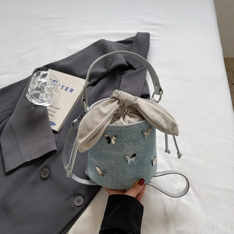 Denim Mini Crossbody Bag — Vintage Butterfly Bucket Handbag