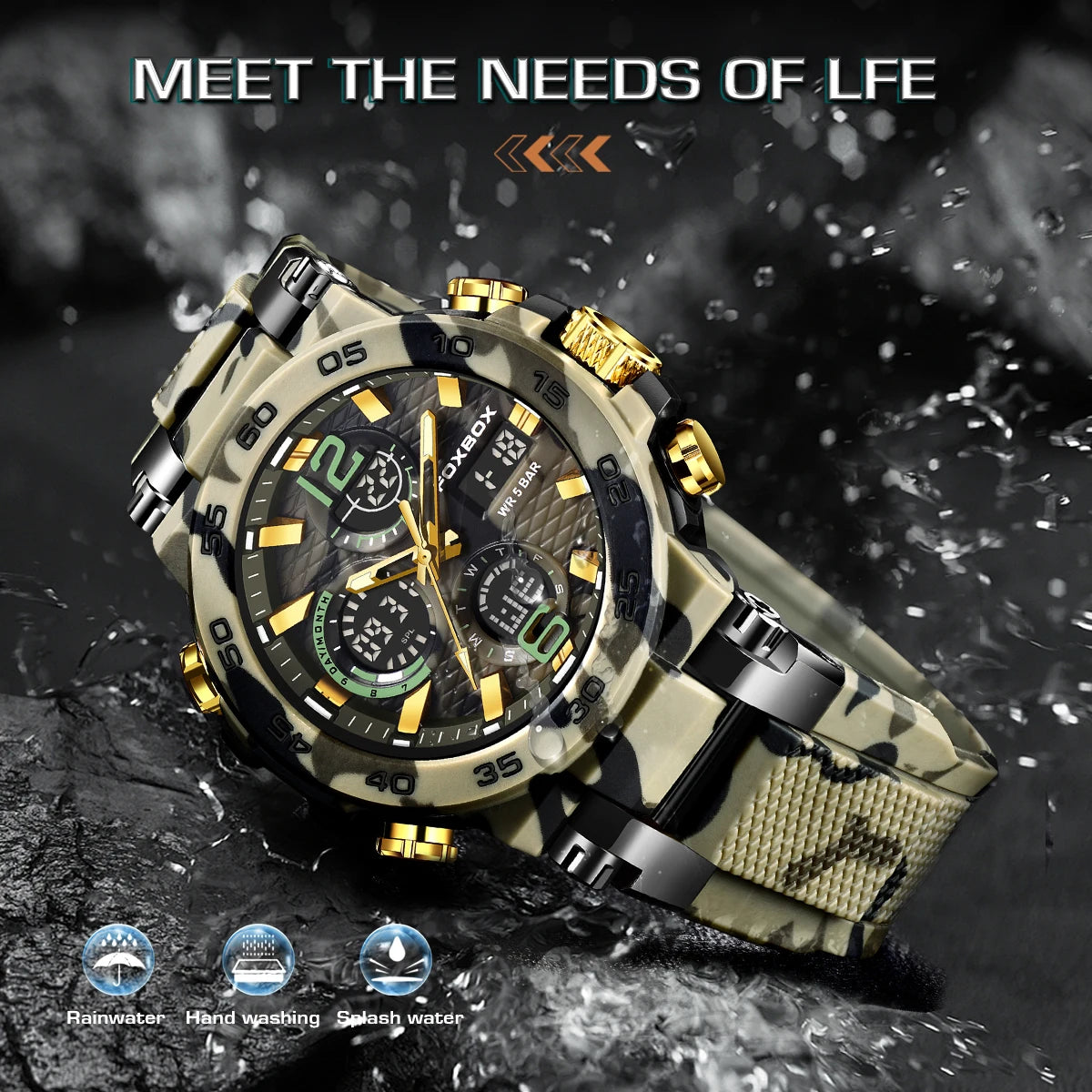 foxbox Men's Military Sports Watch — Waterproof Dual Display Quartz Timepiece