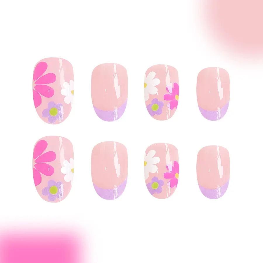Pink Floral Press-On Nails — Short Almond French Tip Fake Nail Set