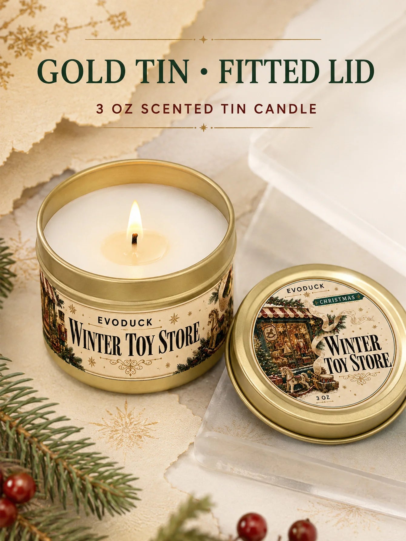 EVODUCK Vanilla Amber Cashmere Candle — Warm Scented Holiday Tin