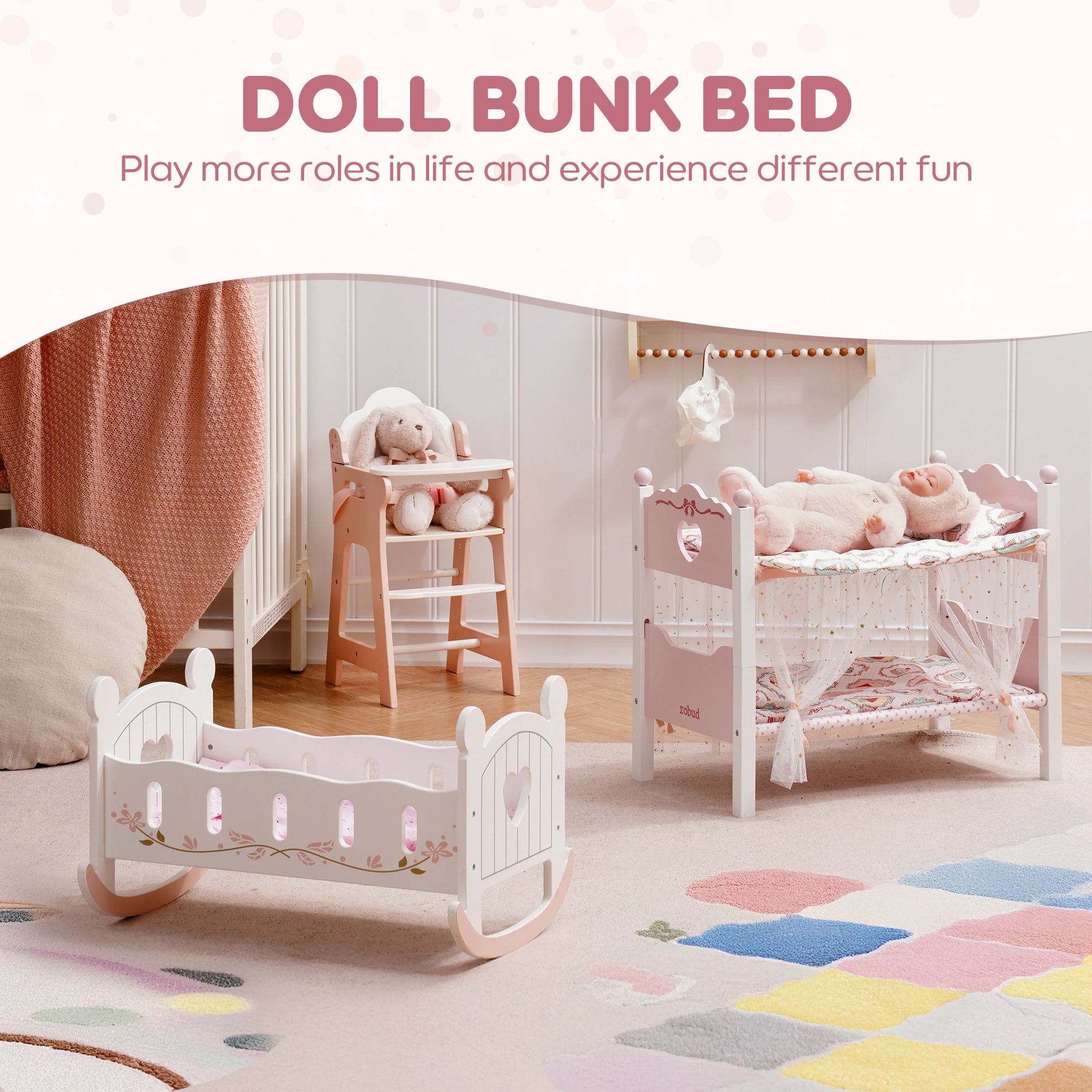 Robud Wooden Baby Doll Bunk Beds — Convertible 2-in-1 Toy Crib Set