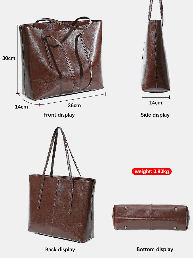 ZENCY Genuine Leather Tote Bag — Large Capacity Shoulder Bag for Work & Travel