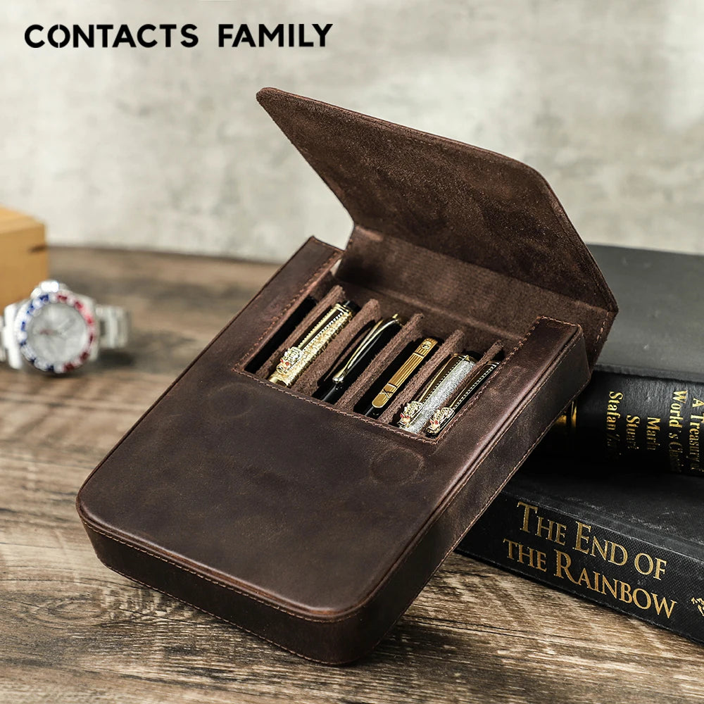CONTACTS FAMILY Luxury Leather Pen Case — 6 Slot Organizer with Removable Tray