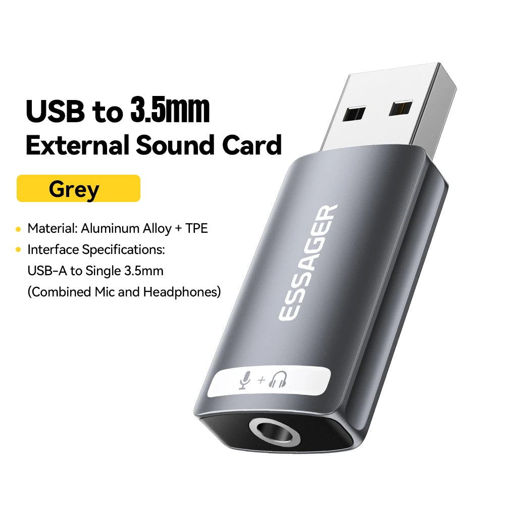 ESSAGER USB External Sound Card — Audio Adapter for Headphones and Microphones