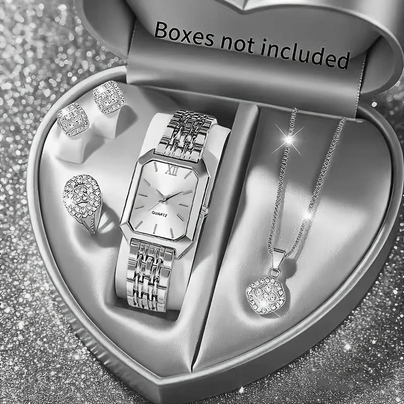 Women's Elegant Rhinestone Jewelry Set — Quartz Watch, Necklace, Ring & Earrings