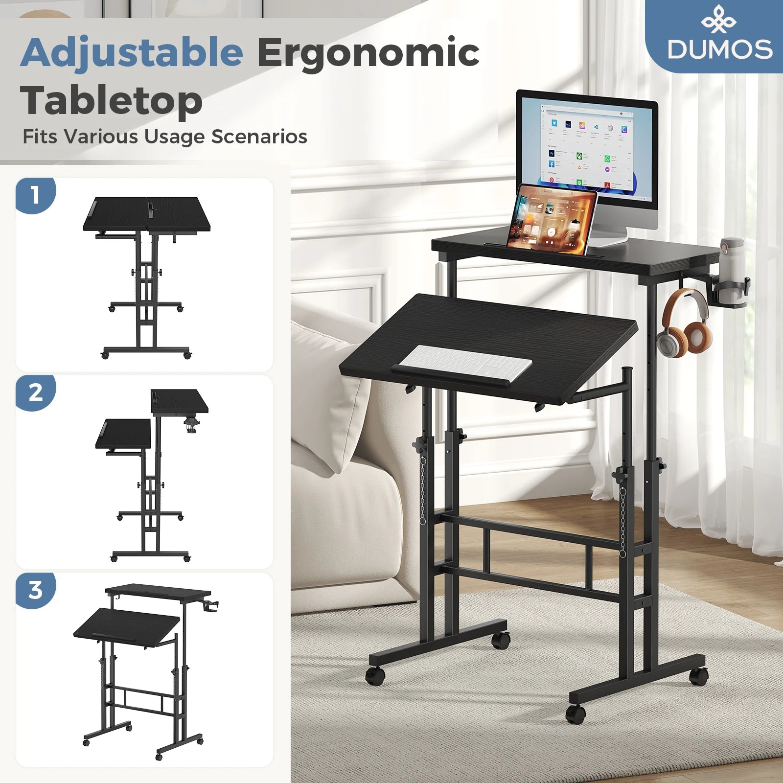 MCQ Rolling Standing Computer Desk — Ergonomic Height Adjustable Workstation