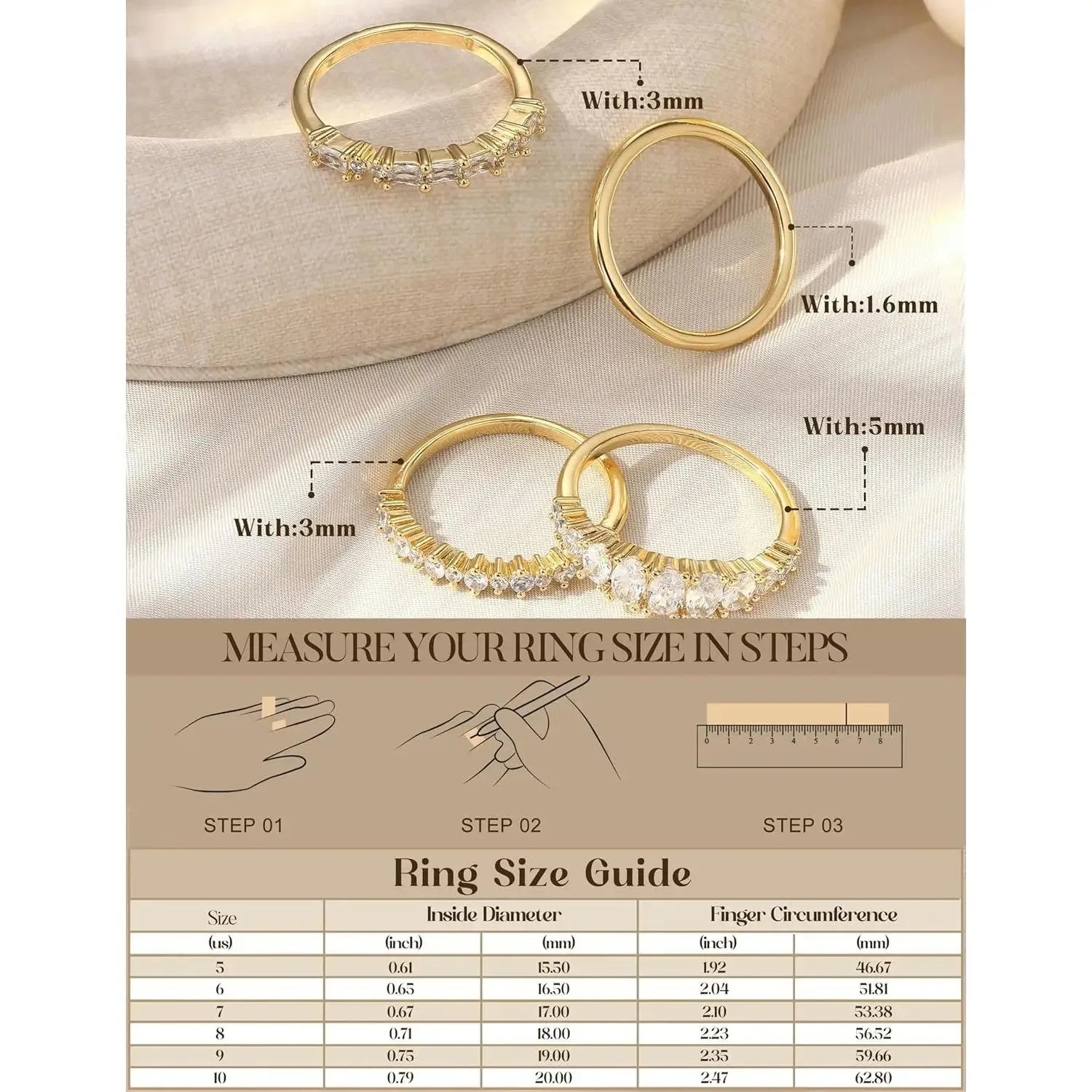 drperfect 14K Gold Plated Stackable Ring Set — Dainty Cubic Zirconia Wedding Bands