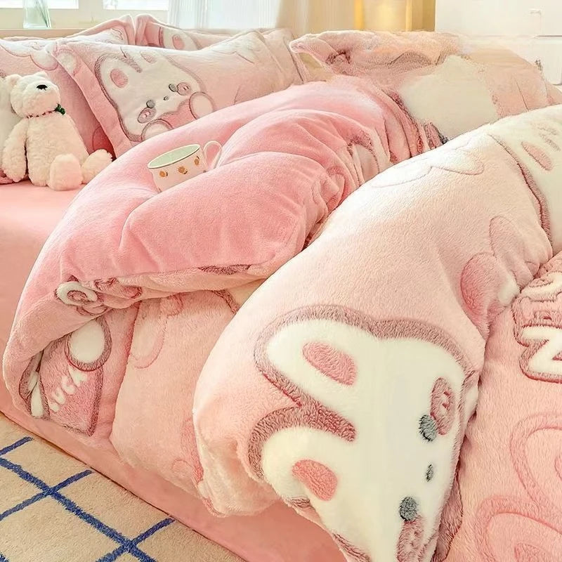 Plush Velvet Bedding Set — Warm Coral Fleece Duvet Cover & Sheet Set