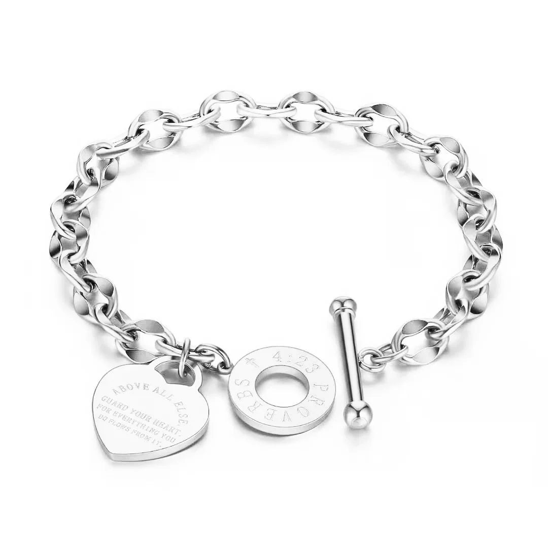 Stainless Steel Heart Pendant Bracelet — Unisex Link Chain Jewelry