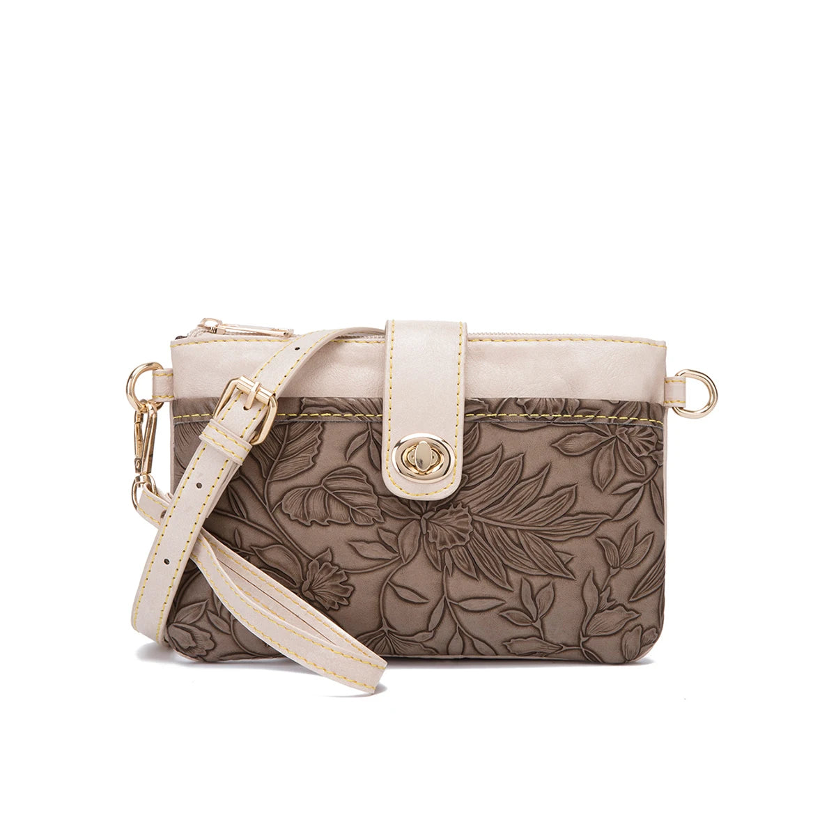 Floral Embossed Crossbody Bag — Multi-Compartment Shoulder Purse with Wristlet