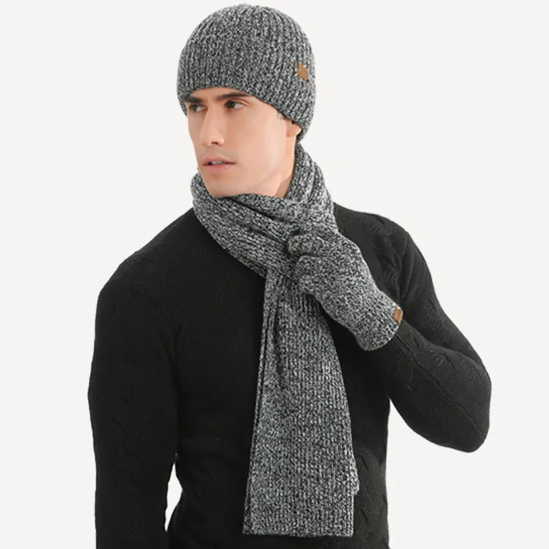 Kinelue Men's Winter Warmth Set — Knitted Beanie, Scarf & Touchscreen Gloves