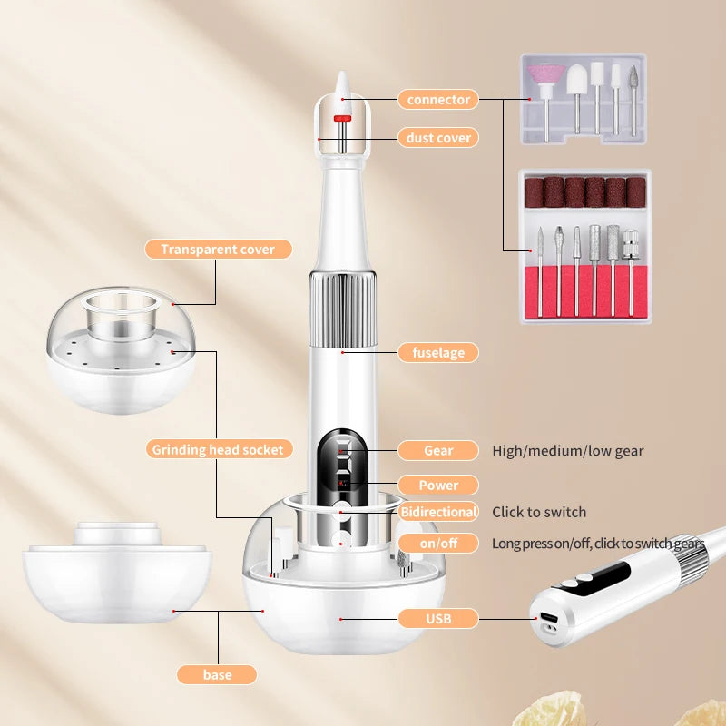 Electric Nail Drill Machine — Rechargeable Cordless Manicure Tool, White