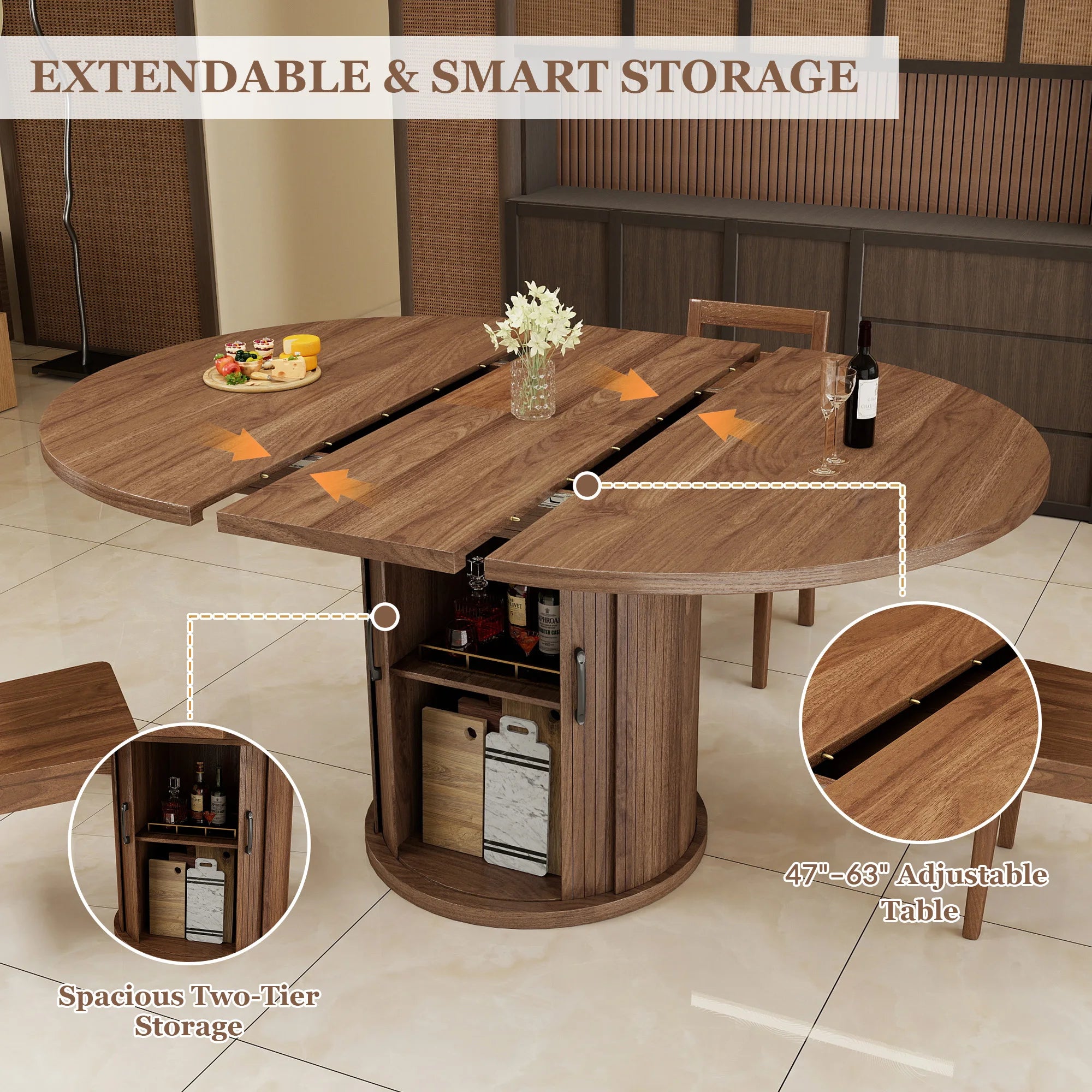 Modern Extendable Dining Table — Round to Oval Design with Storage