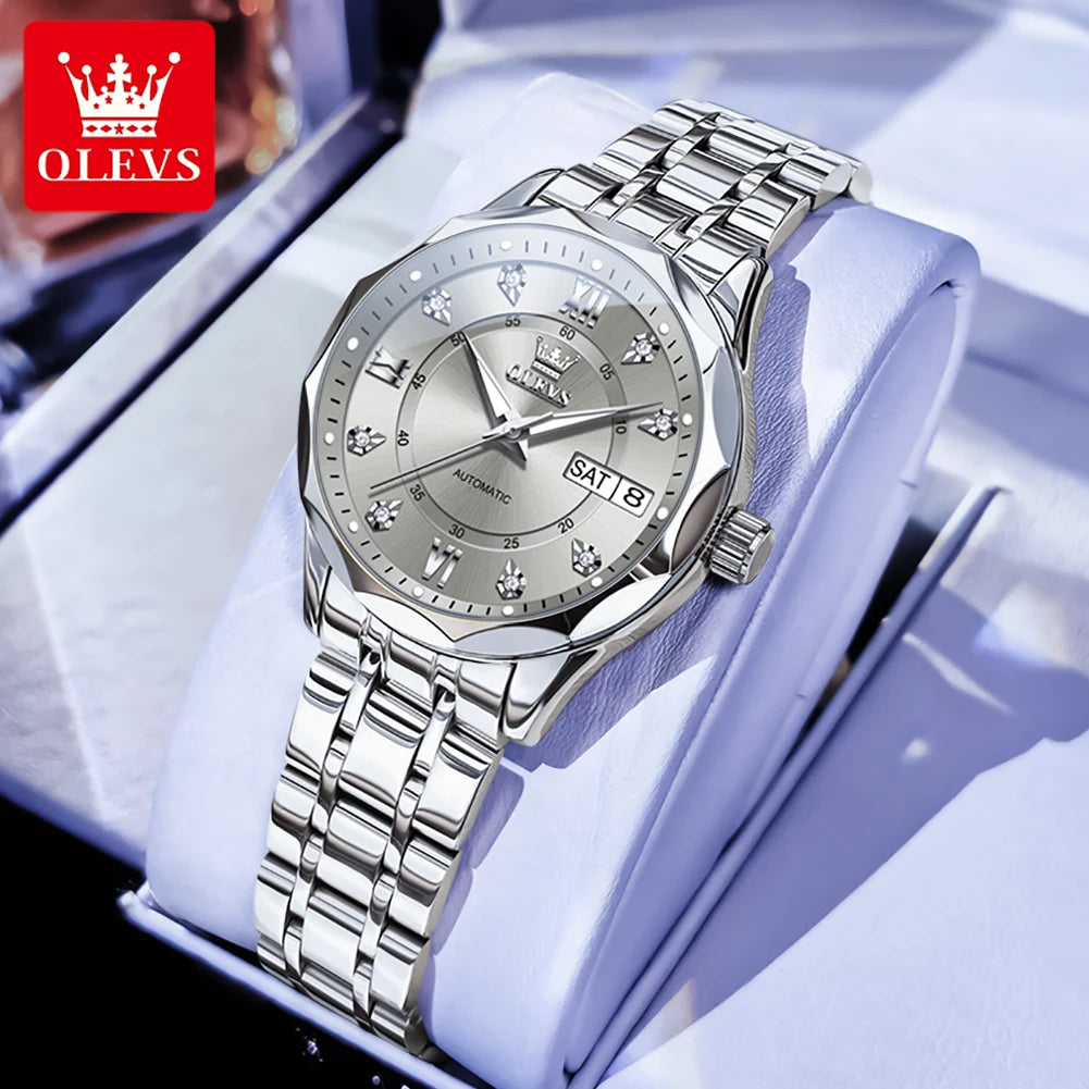 OLEVS Automatic Women's Watch — Luxury Stainless Steel & Dual Calendar