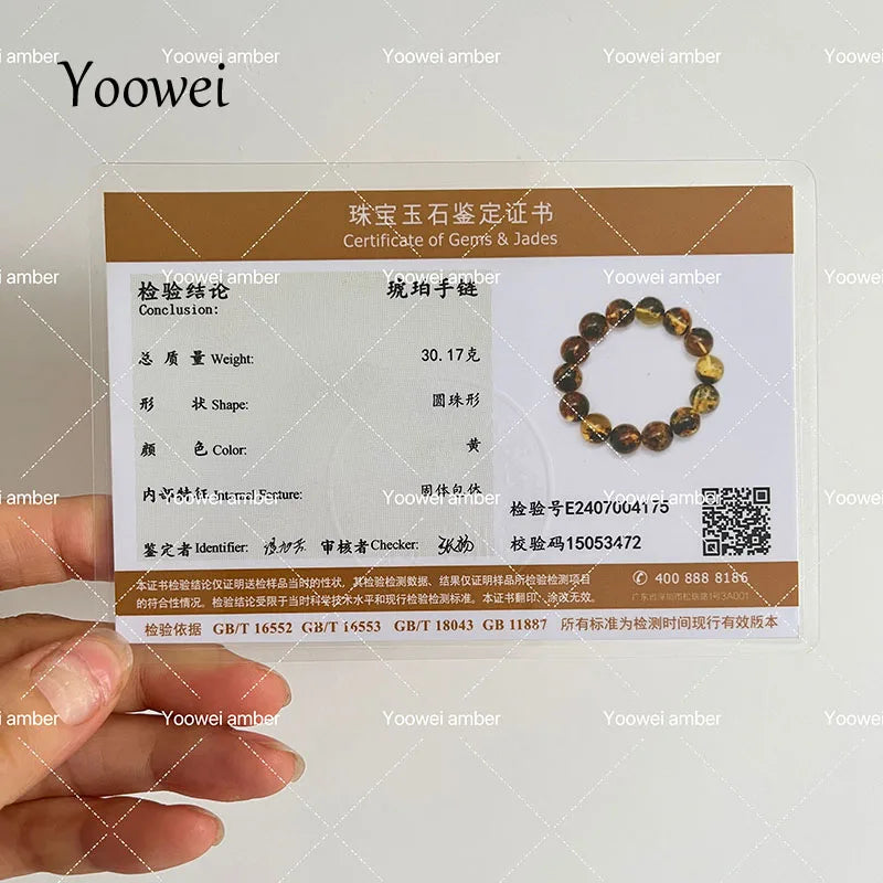 Yoowei Natural Baltic Amber Bracelet — Round Piebald Gemstone Jewelry