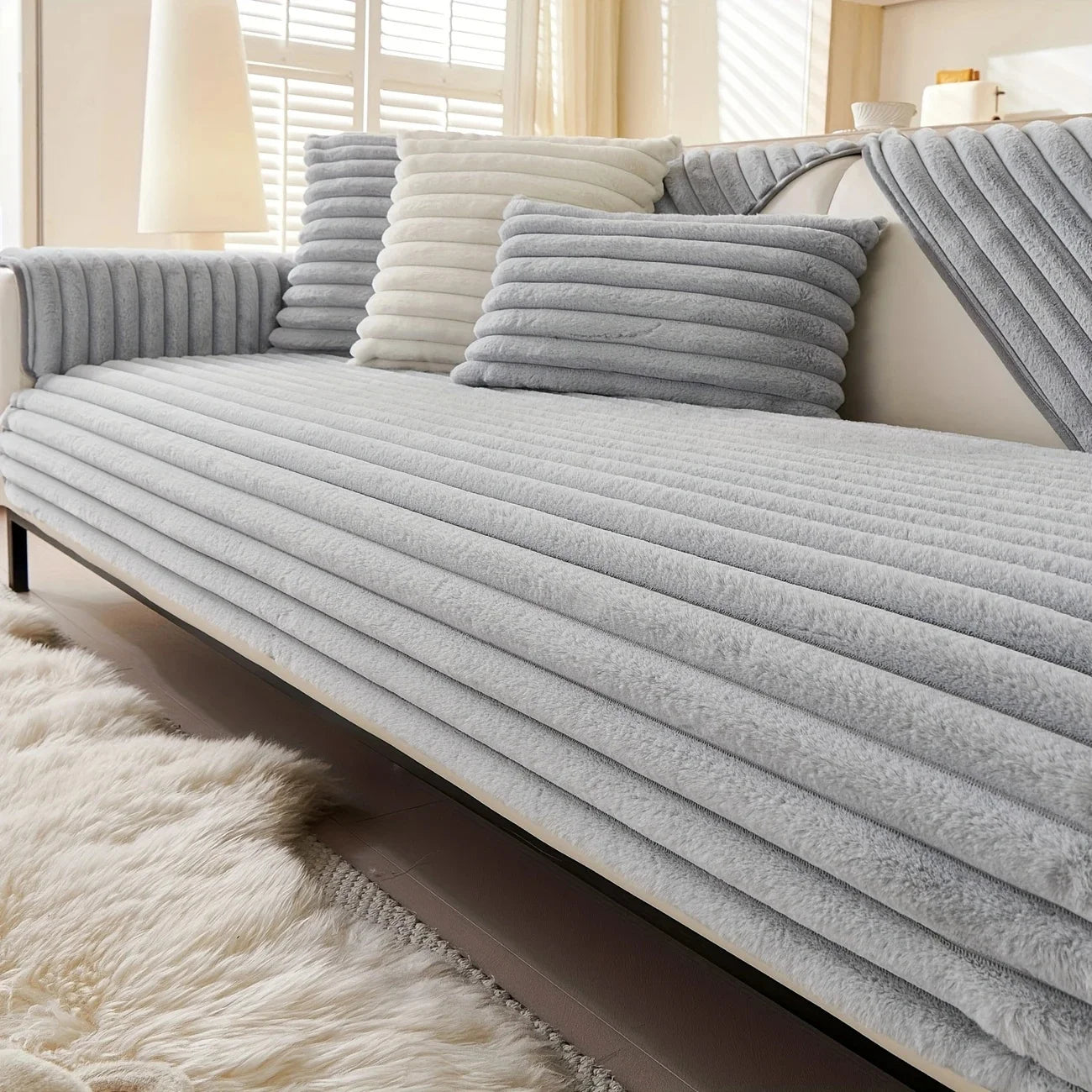 Plush Striped Sofa Cover — Soft Imitation Rabbit Fur Slipcover