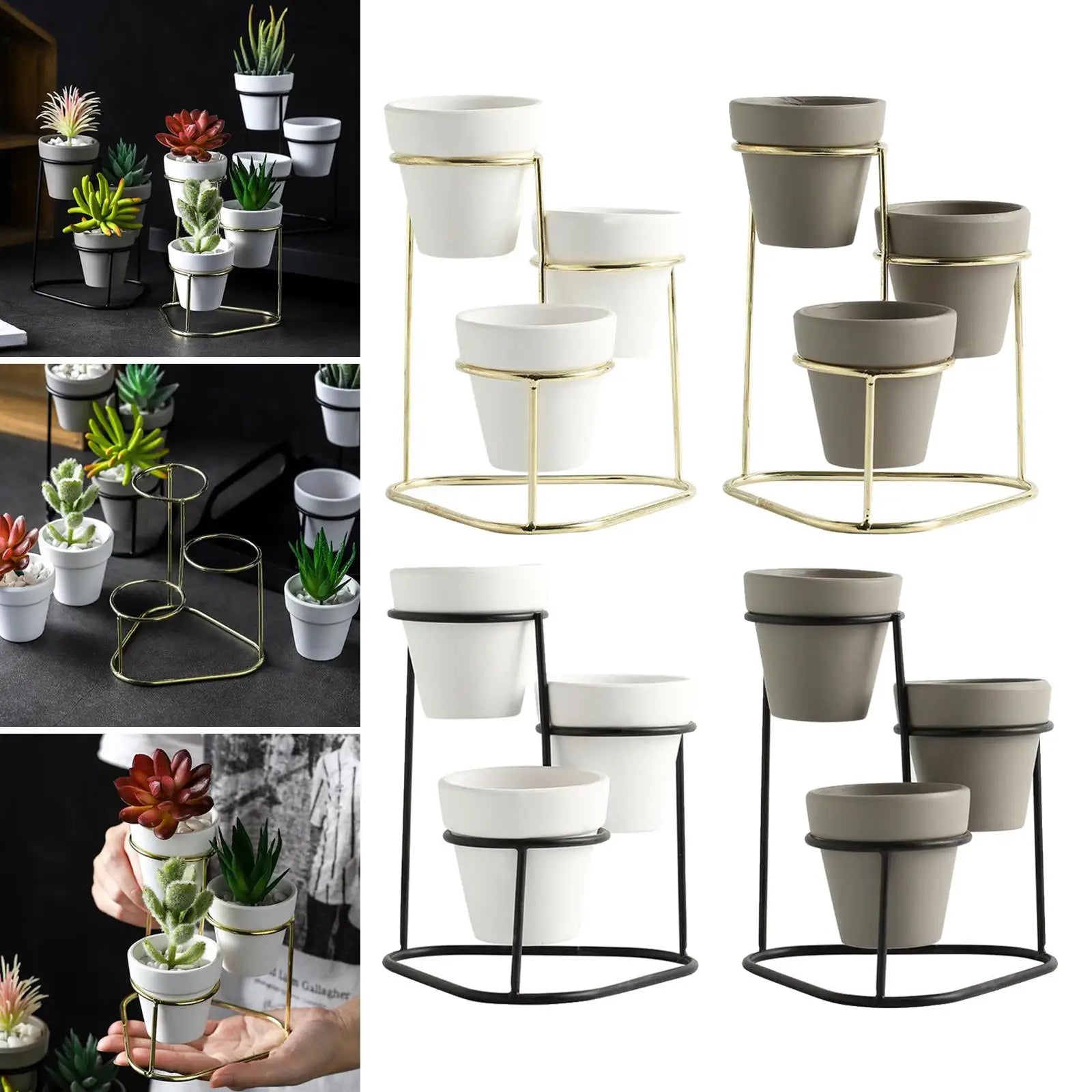 Kesoto Mini Ceramic Succulent Planter Set — Modern Pottery Pots with Metal Stand