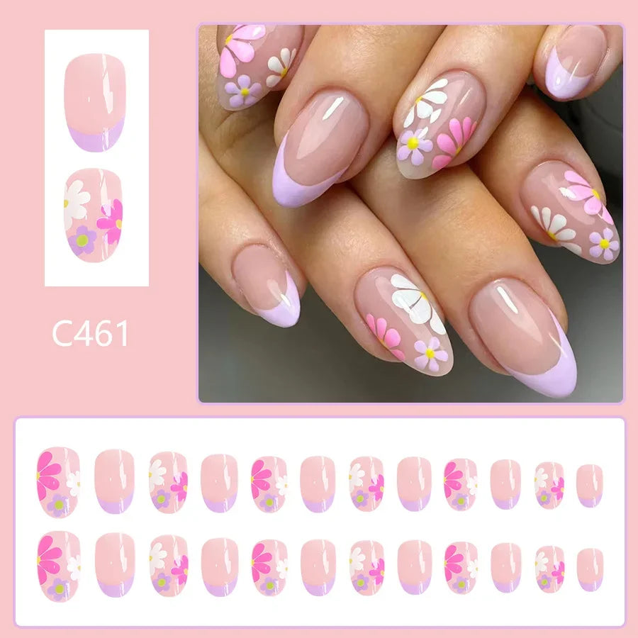 Pink Floral Press-On Nails — Short Almond French Tip Fake Nail Set