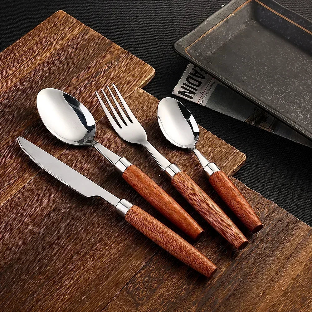 4-Piece Sapele Wood Handle Cutlery Set — Stainless Steel Knife Fork & Spoon