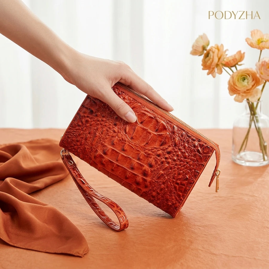 Crocodile Embossed Crossbody Wristlet — Versatile Clutch Bag with Adjustable Strap