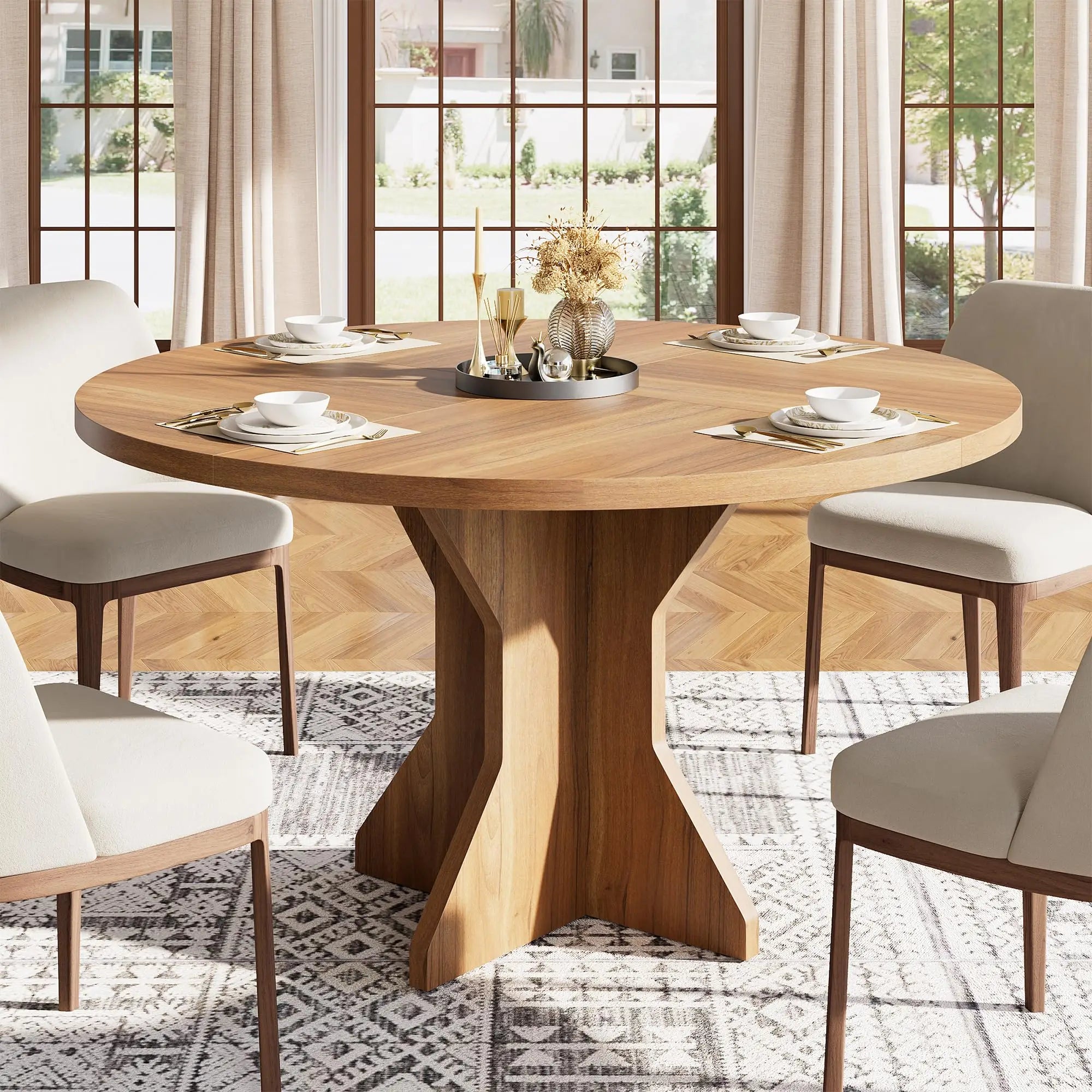 Modern Round Dining Table — Space-Saving 47-Inch Pedestal Design
