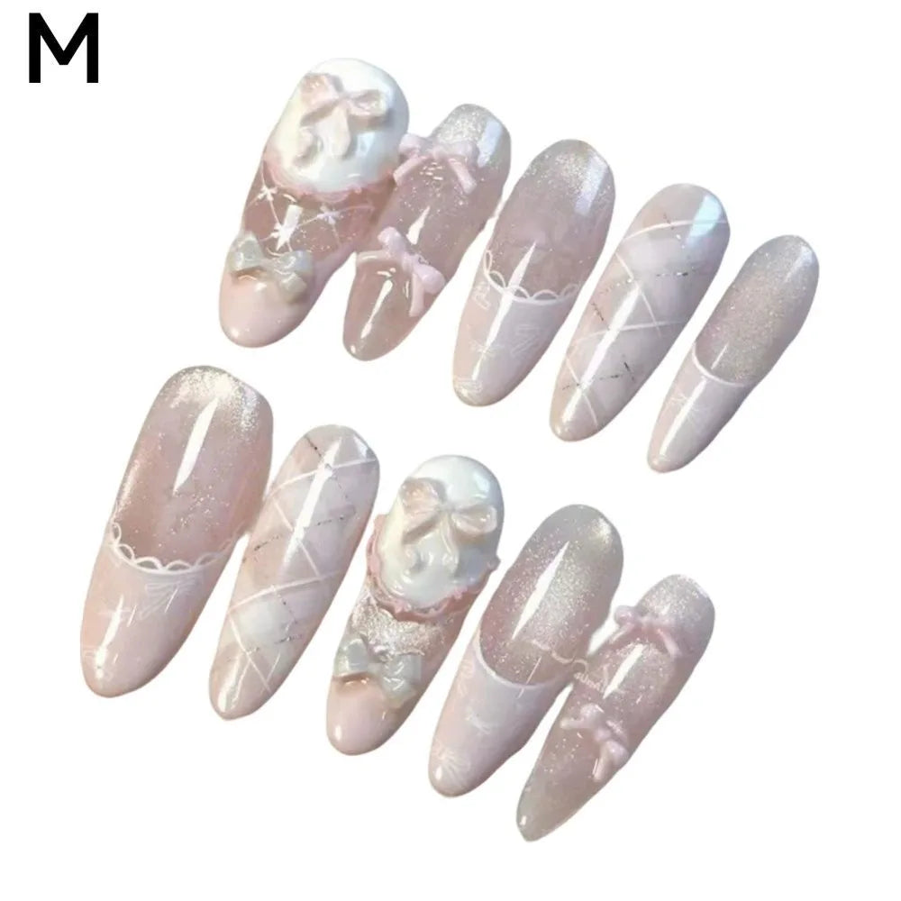 Luxury Cat Eye Press On Nails — Long Coffin Style with Butterfly & Pearl Details