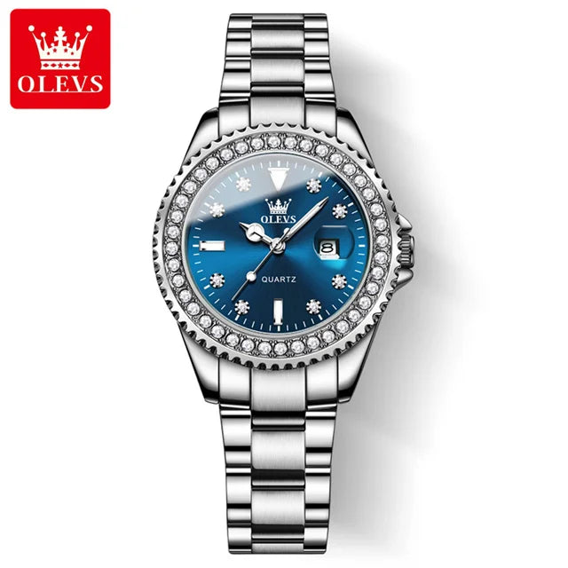 OLEVS Diamond Dial Quartz Watch — Elegant Stainless Steel Ladies Wristwatch