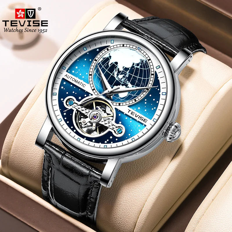 Men's Automatic Mechanical Watch — Luminous Dial & Leather Strap