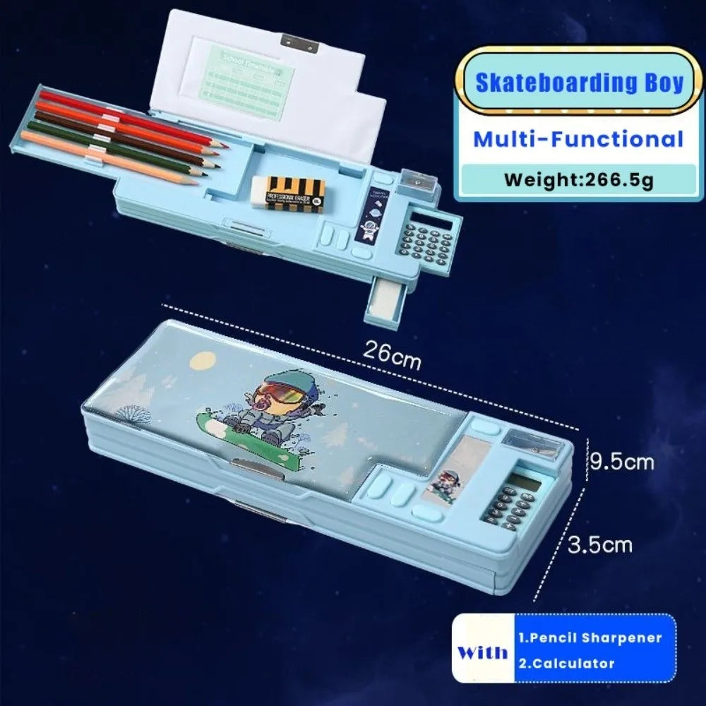 Double Layer Pencil Case — Multi-Functional Stationery Organizer with Calculator