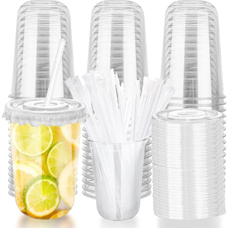 Disposable Stemless Wine Glasses — Clear Plastic Cups with Lids and Straws