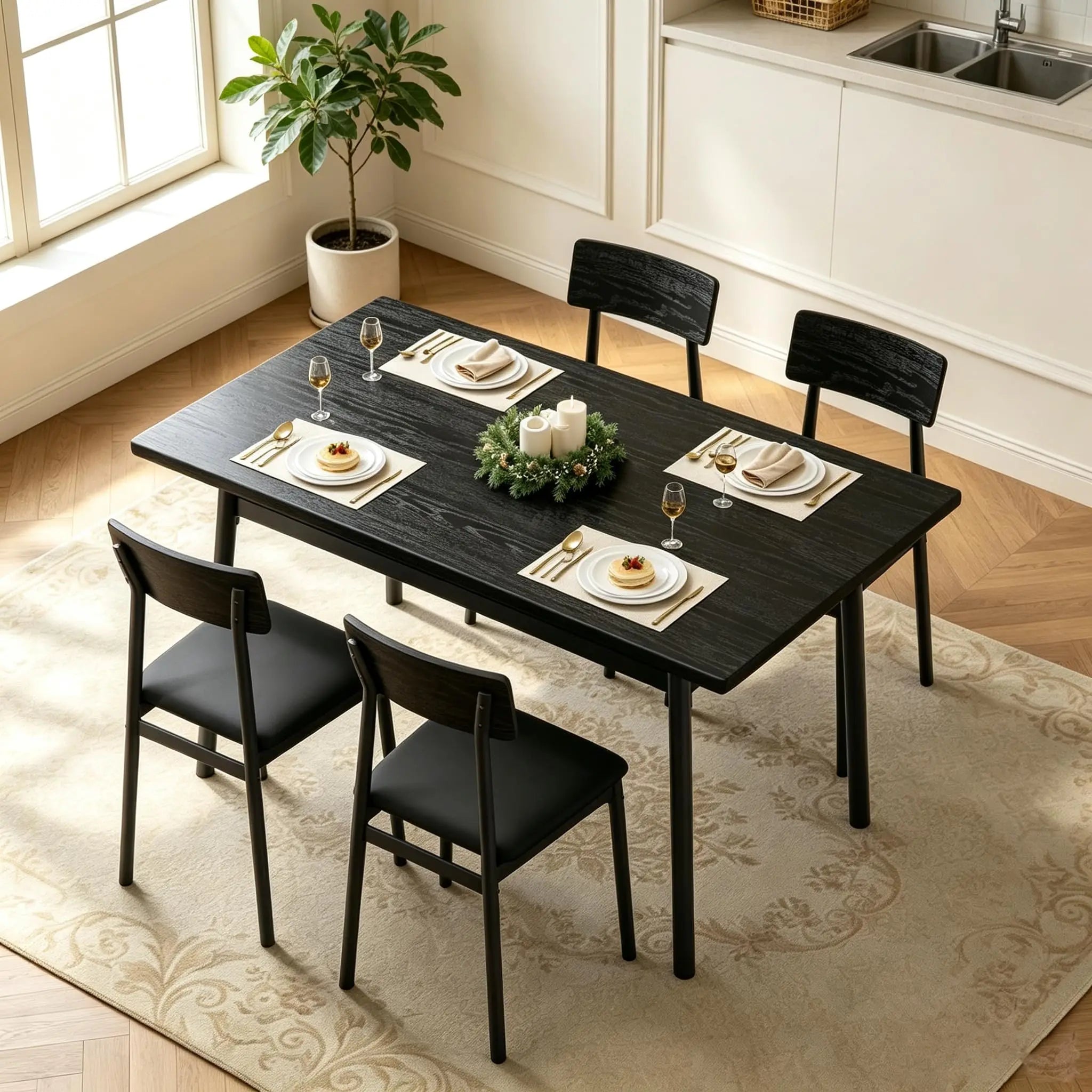 OUTWIND Modern Farmhouse Dining Set — 4-Piece Industrial Wood & Metal Furniture