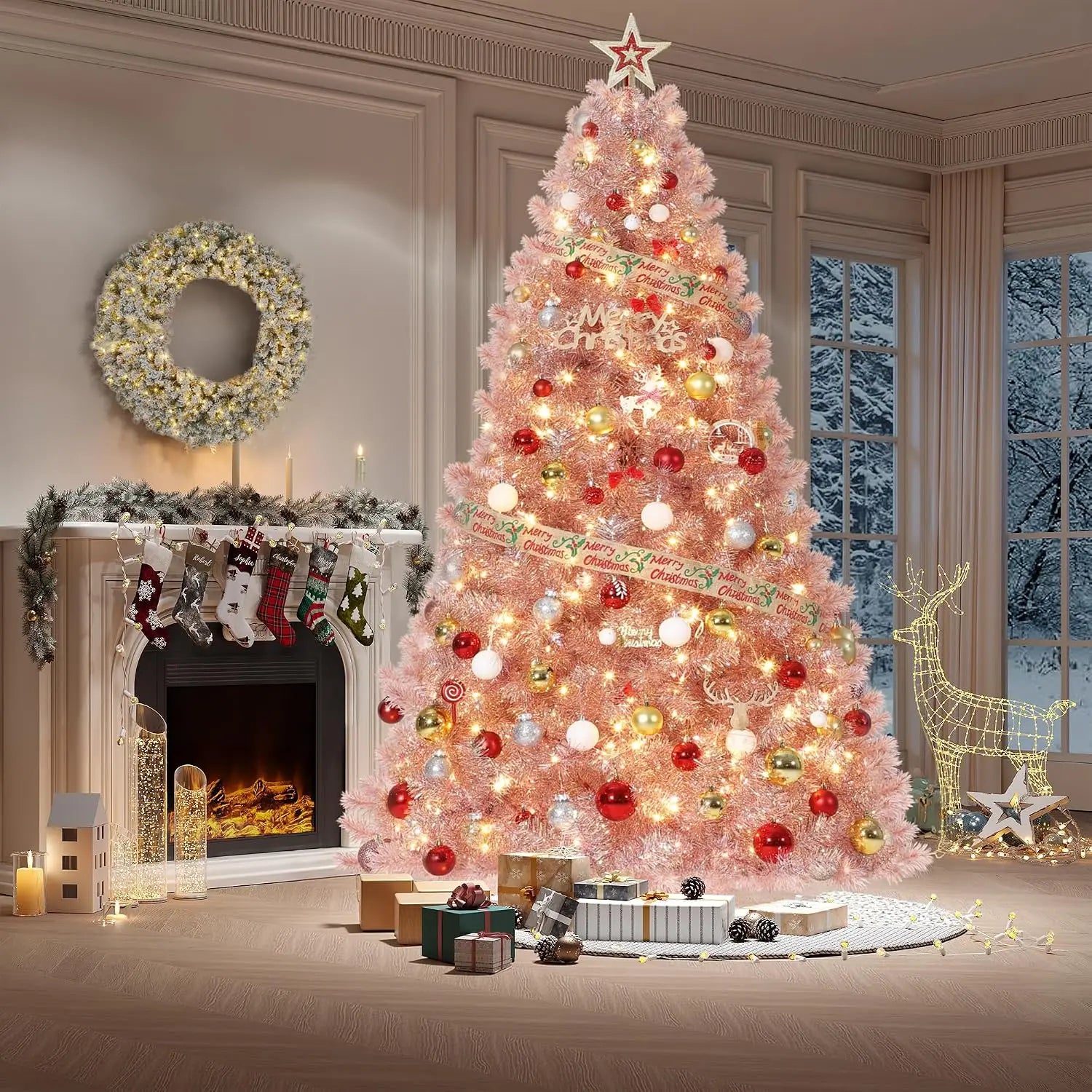 Rose Gold Tinsel Artificial Christmas Tree — Prelit with 250 LED Lights