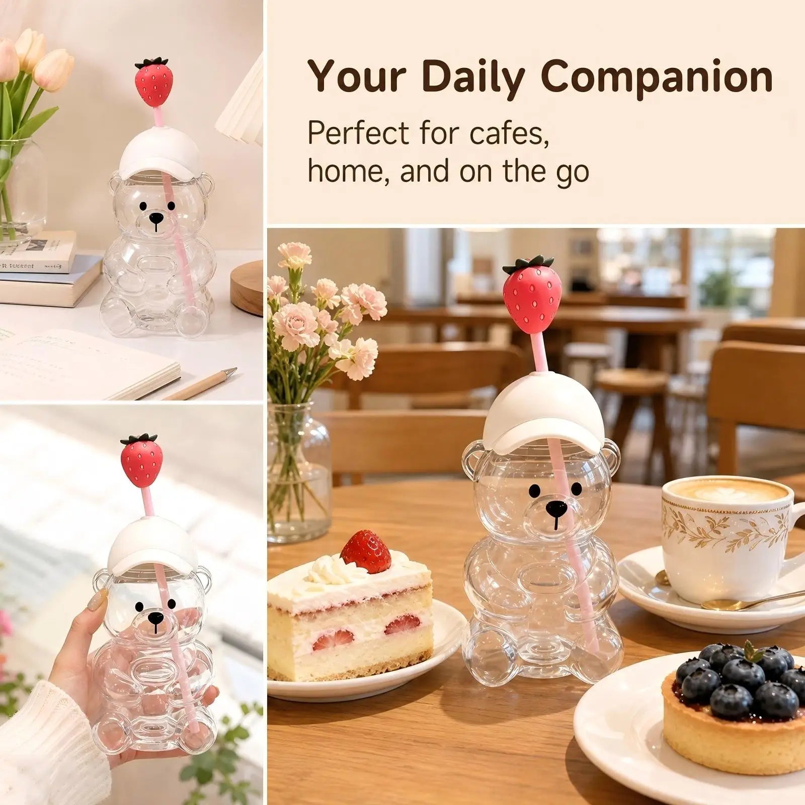 Cute Bear Shaped Glass Cup — 20oz Adorable Drinking Bottle with Straw