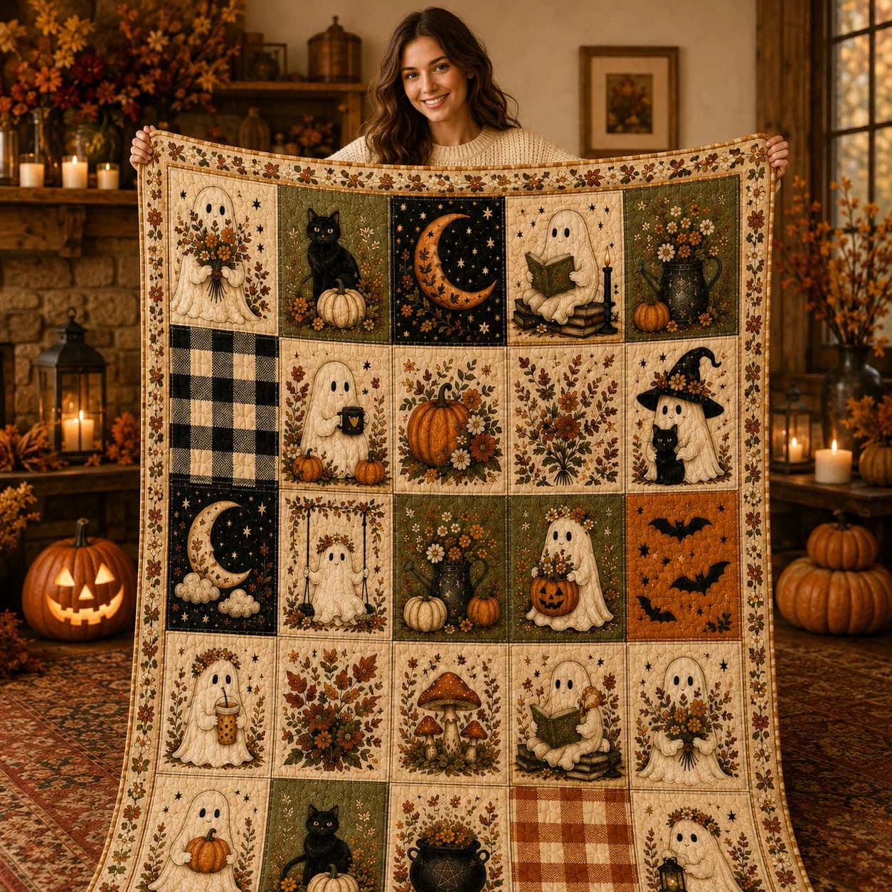 Halloween Ghost and Pumpkin Throw Blanket — Cozy Spooky Season Bedding