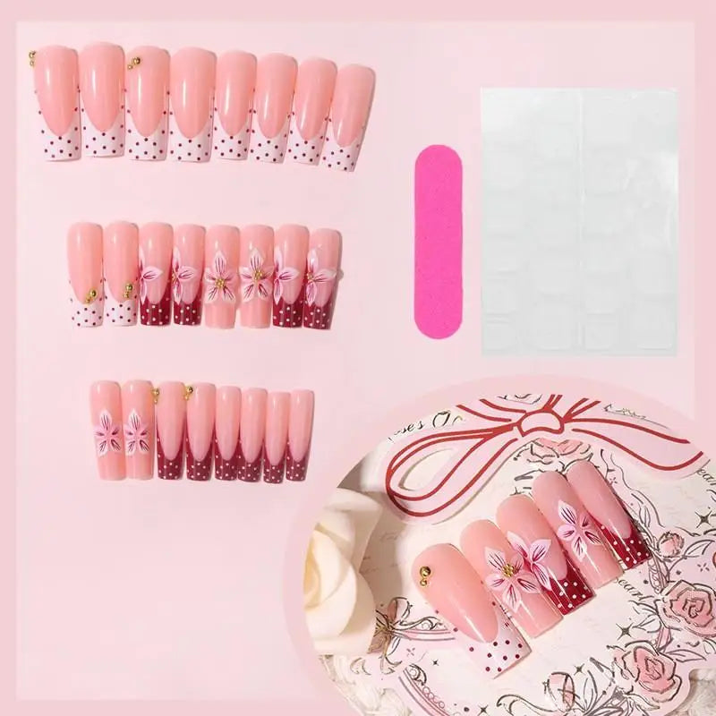 24Pcs Long Coffin Press On Nails — Floral and Polka Dot Design, Reusable Set