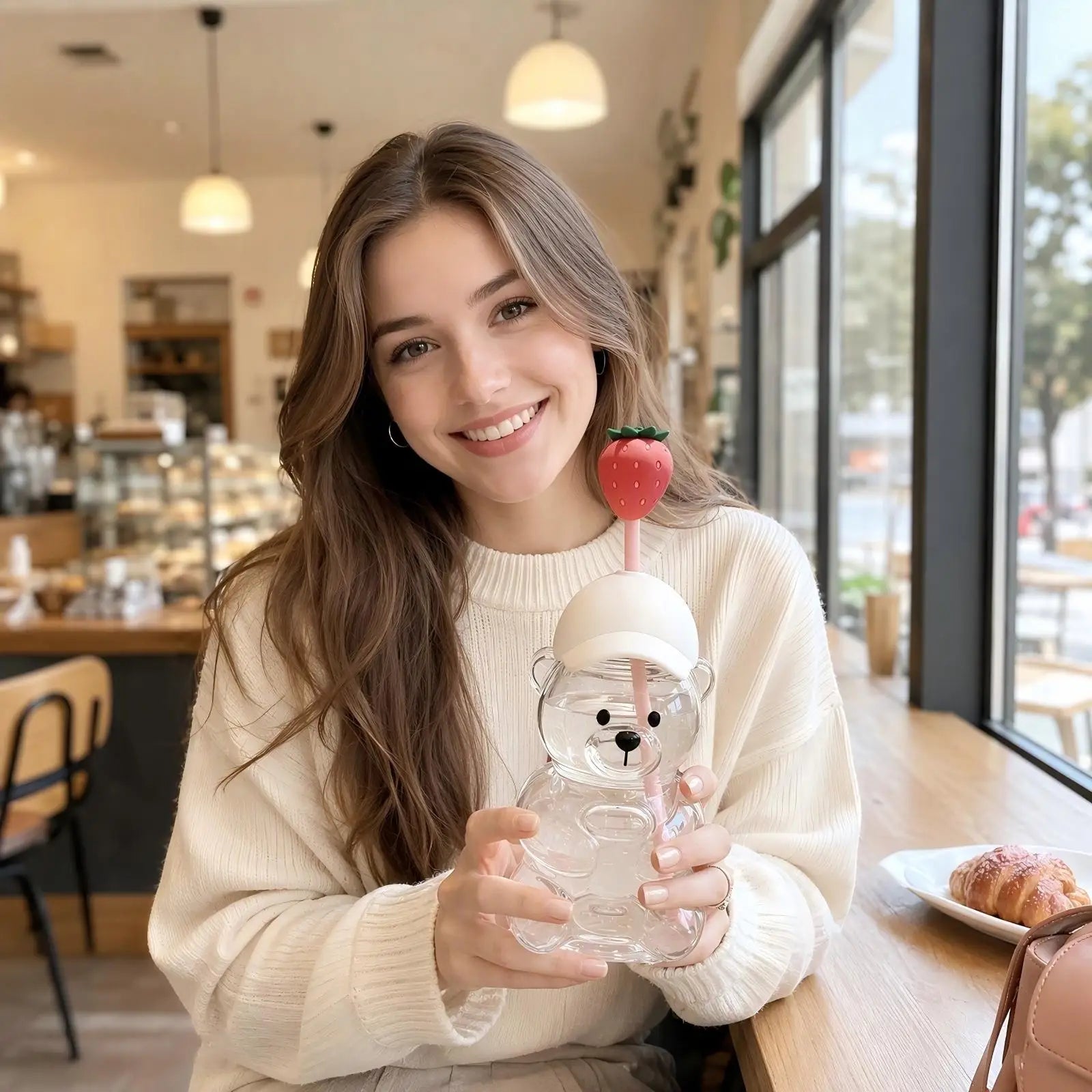 Cute Bear Shaped Glass Cup — 20oz Adorable Drinking Bottle with Straw
