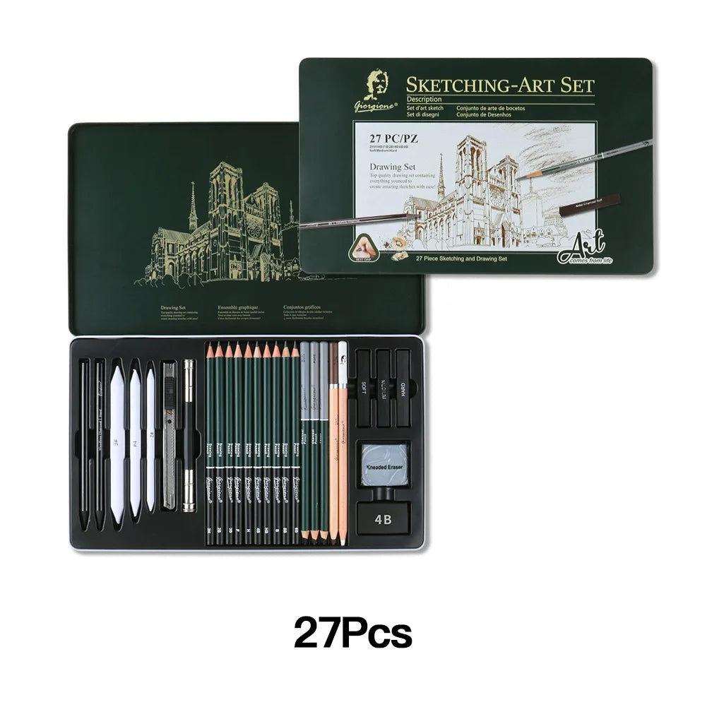 Charcoal Sketching Pencil Set — Professional Art Kit in Portable Green Tin