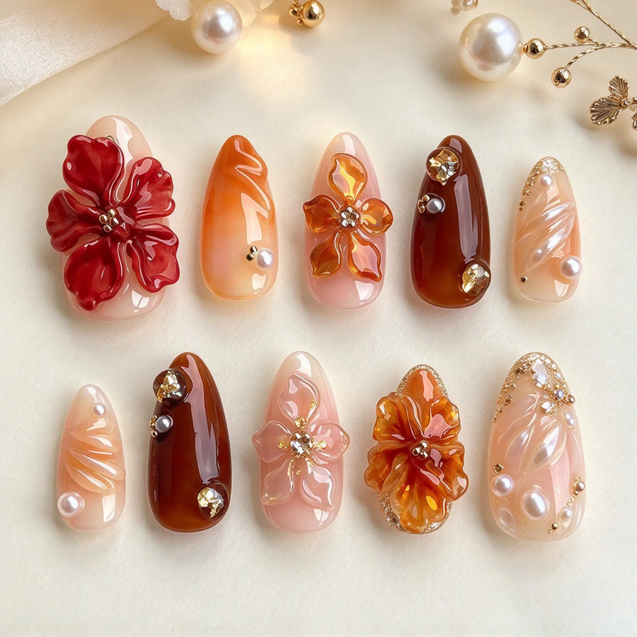 Short Almond Fall Flower Press On Nails — 3D Handmade Floral Manicure Set