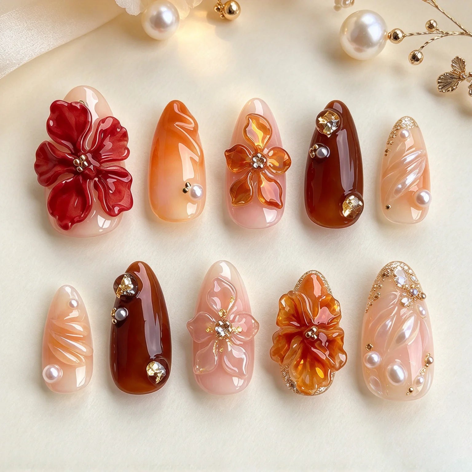 Short Almond Fall Flower Press On Nails — 3D Handmade Floral Manicure Set