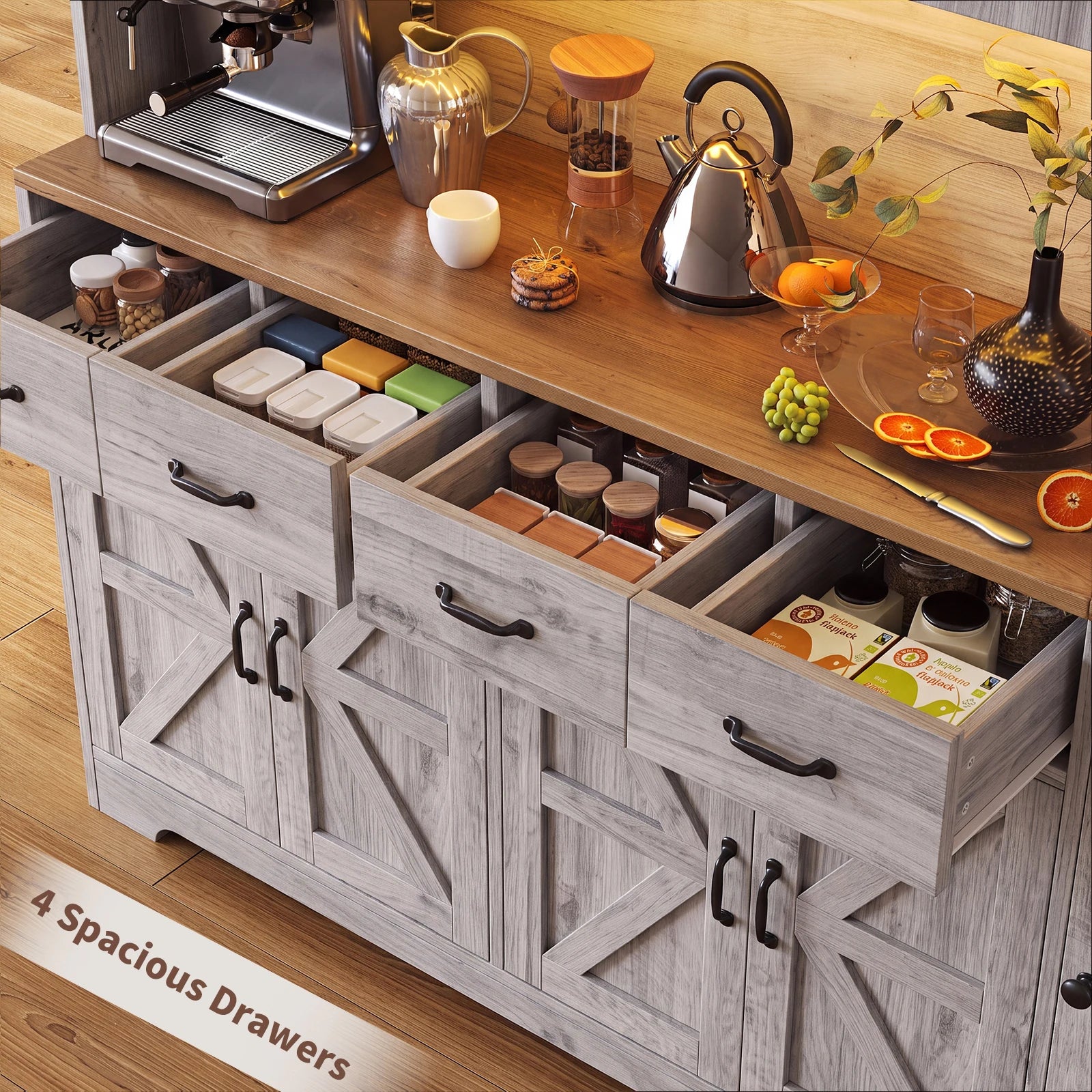 Yanosaku Grey Farmhouse Kitchen Pantry — Slim Storage Cabinet with Charging Station